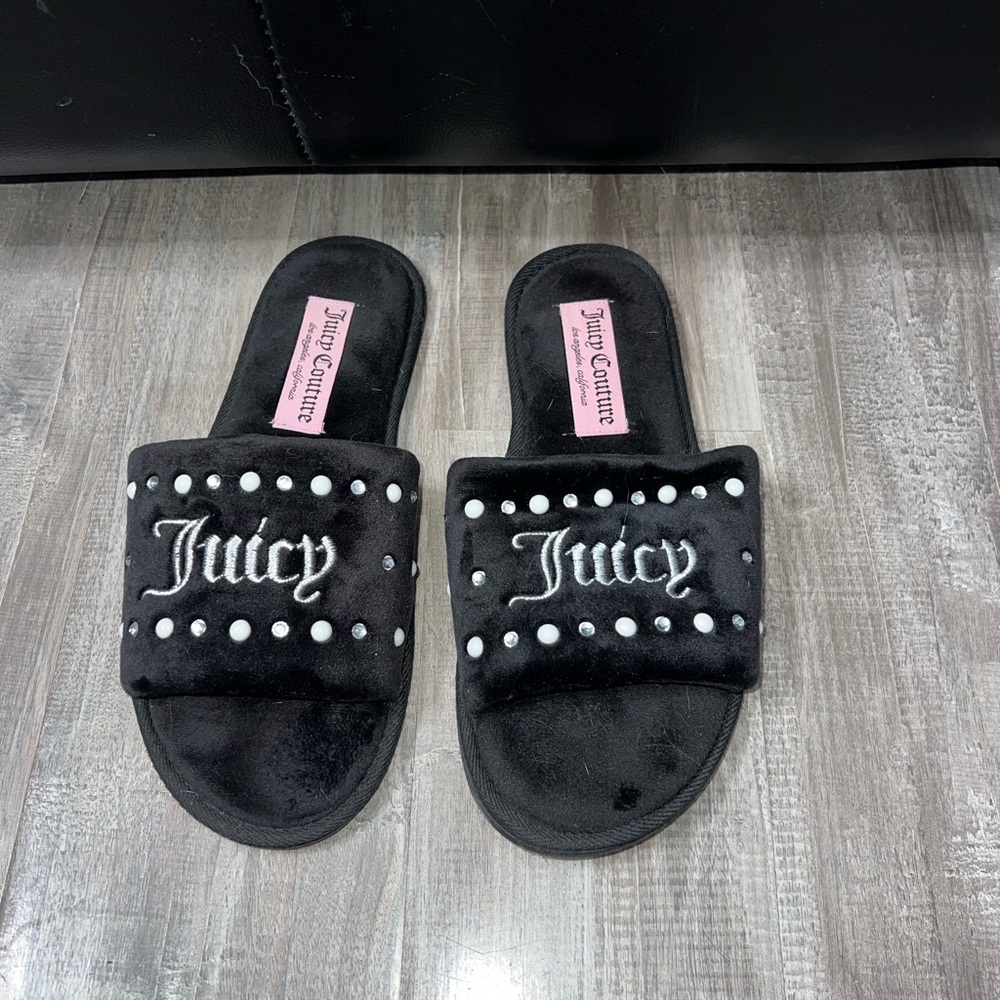 Juicy Couture Black Slides with White Embellishments